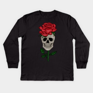 Skull with Rose, Floral Flower Kids Long Sleeve T-Shirt